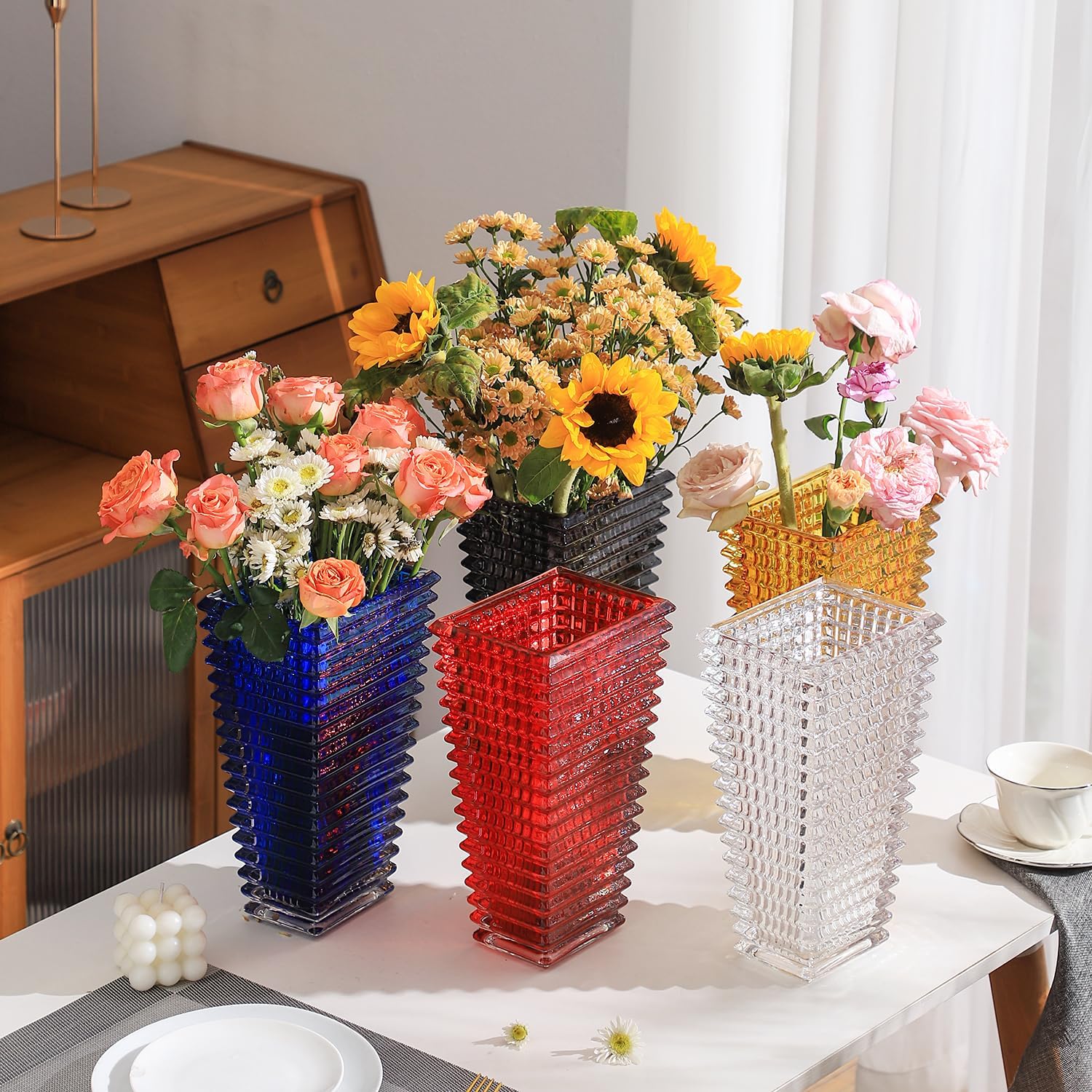 MCMCNCUIU Crystal Vase, Large Crystal Vases for Flowers, Clear Large Flower Vase, Modern Glass Vases for Living Room, Bedroom, Kitchen, Dining Table, Mantle, Wedding, 9 Inches